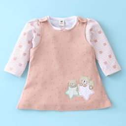 ToffyHouse Cotton Knit Full Sleeves T-Shirt with Frock Bear & Star Print - White & Peach-image-6