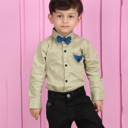 Polka Tots Cotton Full Sleeves Solid  Shirt With Attached Bow Tie  - Beige-image-73