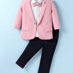 Robo Fry Lycra Knit Full Sleeves Solid Colour 3 Piece Party Suit With Bow - Pink-image-64