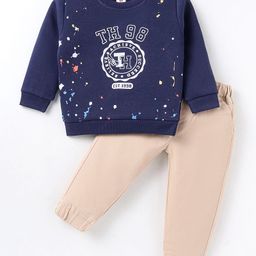 ToffyHouse 100% Cotton Knit Full Sleeves Text Printed Winter Wear Sweatshirt & Joggers Set - Navy Blue-image-63