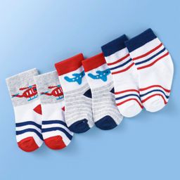 Doodle Poodle Cotton Knit Ankle Length Socks With Vehicle & Stripes Print Pack of 3 - White Red & Blue-image-76