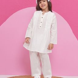 AJ Dezines Cotton Full Sleeves Pin Tuck Detailed Solid Coordinating Kurta & Salwar Set - White-image-95