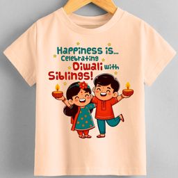 KNITROOT Diwali Theme Half Sleeves Diwali With Siblings Printed T-Shirt - Peach-picture-11