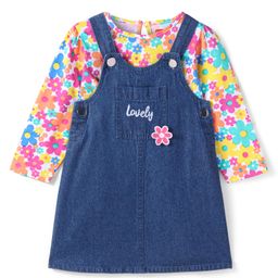 Babyhug Cotton Woven Full Sleeves Floral Printed T-Shirt & Denim Pinafore With Floral Patch - Blue-image-32