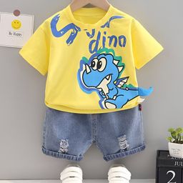 Googo Gaaga Cotton Half Sleeves Dinosaur Printed Tee With Denim Distressed Shorts Set - Yellow-image-8