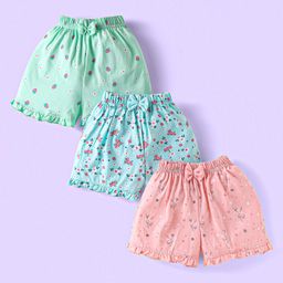 Teddy Sinker Knit Knee Length Shorts with Strawberry Floral & Unicorn Print & Bow Applique Pack of 3 - Pink Light Blue & Green-image-9