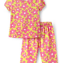 Babyhug Cotton Knit Half Sleeves Capri Nightsuit with Floral Print - Green & Pink-image-60
