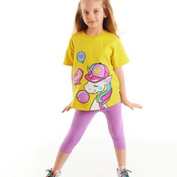 J&JP Cotton Half Sleeves Unicorn Printed Tee & Capris Set - Multi Colour-image-13