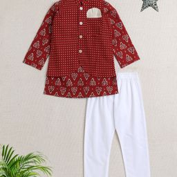 The Magic Wand Cotton Full Sleeves Floral Motifs Printed Kurta Pyjama With Jacket Set - Maroon-picture-0