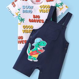 Babyhug Single Jersey Knit Dungaree & Half Sleeves T-Shirt With Beach Theme & Dino Print - Navy Blue-image-3