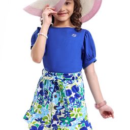 OLLINGTON ST. Cotton Knit Half Puffed Sleeves Top & Floral Printed Knit Skirt Set with Belt - Blue & Multicolor-image-7