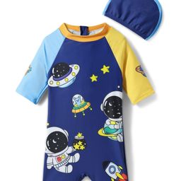 KIDLINGSS Half Raglan Sleeves Space Theme Printed Legged Swimsuit With Cap Set - Blue-image-80
