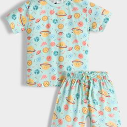 Orange Sugar 100% Cotton Knit Half Sleeves Space Theme Printed Coordinating Night Suit Set - Turquoise-image-77