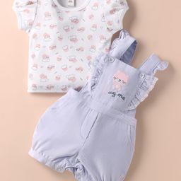 ToffyHouse Corduroy Woven Half Sleeves Tee & Dungaree Set With Teddy Embroidery - Lavender & White-image-86