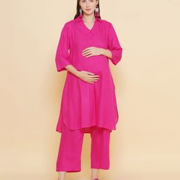 Mine4Nine Rayon Woven Three Fourth Sleeves Solid Maternity Kurta With Nursing Access & Pant Set - Pink-image-28