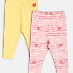 MINI KLUB Cotton Knit Pack Of 2 Floral Printed & Cat Embroidered Leggings - Pink & Yellow-image-78