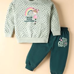 CUCUMBER Sinker Knit Full Sleeves T-Shirt & Lounge Pant Set with Heart & Rainbow Print - Green-picture-7
