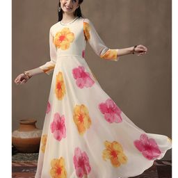Fashion Dream Georgette Woven Three Fourth Sleeves Floral Printed Dress - Off White-picture-24