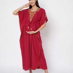 KOI SLEEPWEAR Knit Half Batwing Sleeves Floral & Paisley Embroidered Kaftan Maternity Nighty - Maroon-image-39