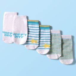 Cute Walk by Babyhug Knit Ankle Length Anti Bacterial Socks with Text & Stripe Design Pack of 3 - White & Light Blue-picture-32