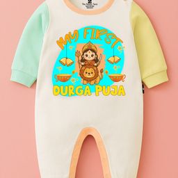 The Peppy Tend 100% Cotton Knit Durga Puja Theme Full Sleeves My First Durga Puja Text Printed Romper - Multi Colour-picture-13