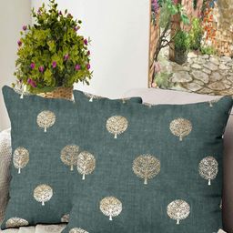 Blue Grass Green & Gold-Toned 2 Pieces Floral Velvet Square Cushion Covers-image-84