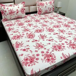 Pure Decor Pink & Pink Floral 250 TC Queen Bedsheet with 2 Pillow Covers-image-120