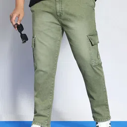 Urbano Plus Men's Olive Green Regular Fit Washed Cargo Jeans With 6 Pockets Stretchable-image-55