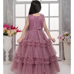 Tiny Kingdom Net Sleevless Floral & Bow Applique Detailed Tiered Gown - Plum image 3