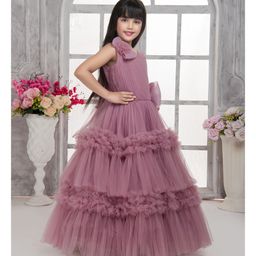 Tiny Kingdom Net Sleevless Floral & Bow Applique Detailed Tiered Gown - Plum image 5