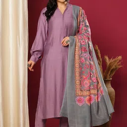KALINI Mandarin Collar Puffed Sleeves Straight Pakistani Kurta With Trousers & Dupatta-53