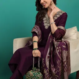 moda rapido Women's Wine Embroidered Kurta Set with Dupatta | Blend Fabric-picture-13