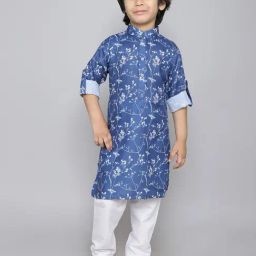 Ministitch Boys Blue Cotton Regular Fit Printed Kurta Set-77