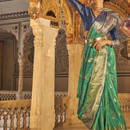 Satrani Green & Blue Silk Woven Saree With Unstitched Blouse-image-52