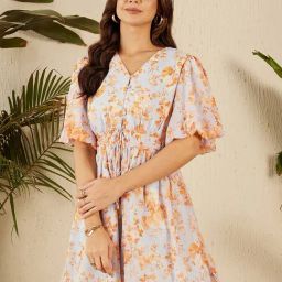 Marie Claire Sky Blue & Orange Floral Print Fit & Flare Dress-image-78