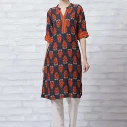Rangriti Grey & Orange Printed Straight Kurta-picture-11