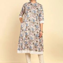 Soch Womens Off-White & Blue Floral Printed Cotton Flex Kurta With Lace-image-1