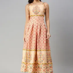 SHOWOFF Peach Cotton Printed Calf Length Anarkali Kurta-image-33