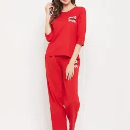 Clovia Red Printed Cotton Top With Pyjamas-image-40