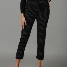 SHOWOFF Black Striped Regular Fit Mid Rise Trousers-image-52