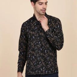 TAHVO Black Cotton Slim Fit Printed Shirt-17