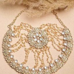 Karatcart Gold Plated Floral Design Pearl Chain and Kundan Studded Hair Juda for Women-10