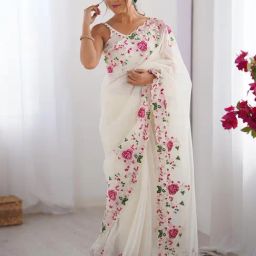 Saree Mall Off White Net Embroidery Saree with Blouse Piece-43