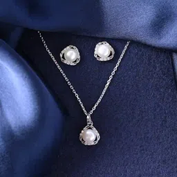 Clara 925 Sterling Silver Platinum Plated Swiss Zirconia Zuha Freshwater Pearl Pendant Earrings Chain Necklace Jewellery Set  for Women and Girls-image-36
