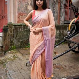 Suta Peach ,Golden Mul cotton with zari Sarees-image-20