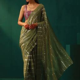 trueBrowns Sage Green Cotton Silver Striped Ready To Wear Saree-picture-14
