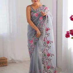 Saree Mall Grey Net Embroidery Saree with Blouse Piece-picture-2