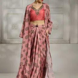 Rivaar By Rocky Star Floral Printed Crop Top With Maxi Skirt & Shrug Co-Ords-image-9