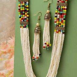 Moedbuille Multi Color & White Beads Studded Tasselled Design Oxidised Gold Plated Necklace Set-18