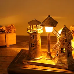 Spiaty Gold-Toned Vintage Windmill Lighthouse Curio Showpiece-image-87